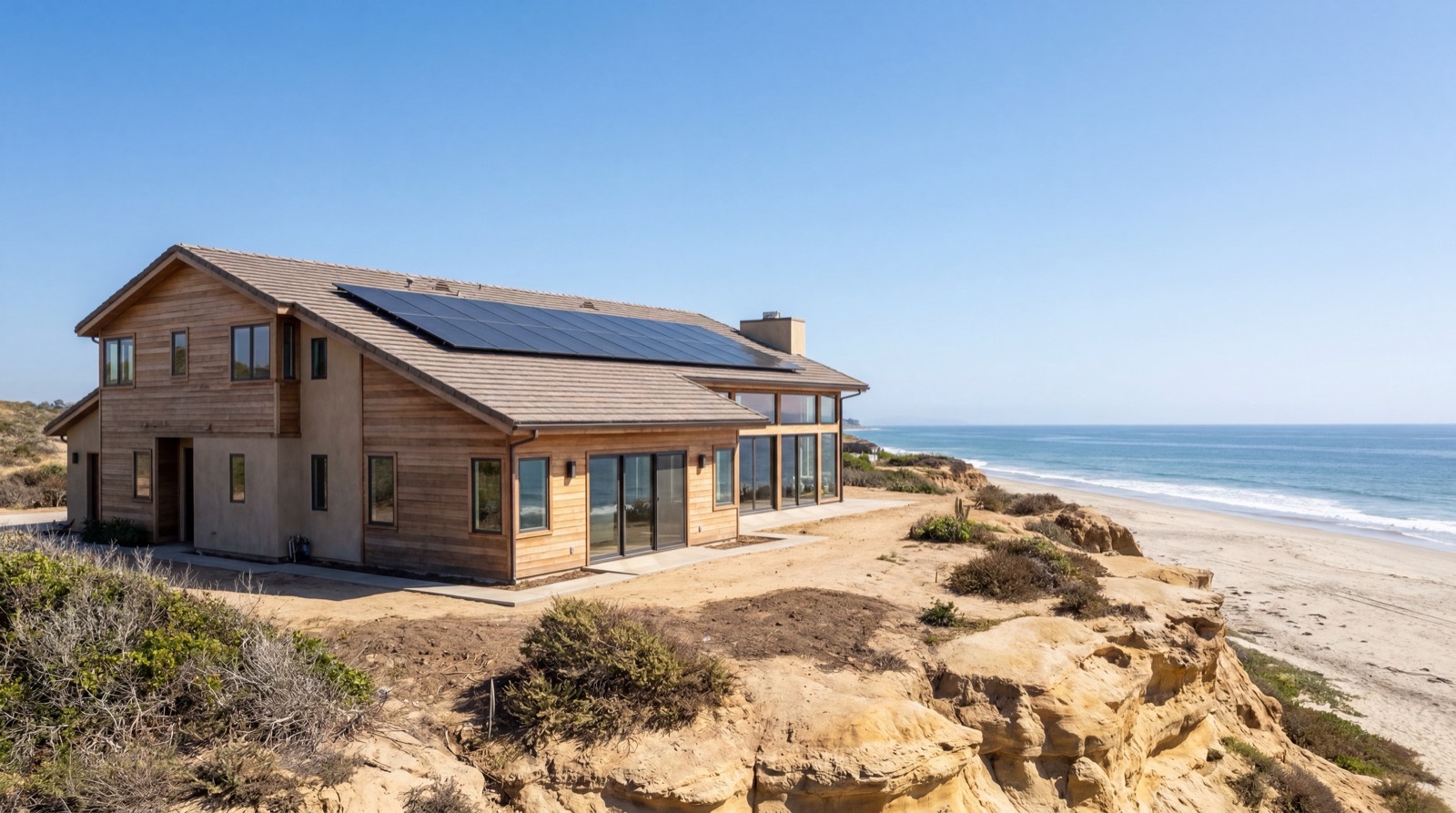 Bright coastal home with clean glass and solar