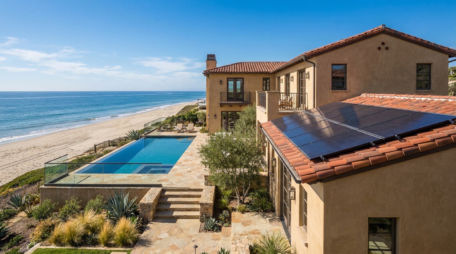 Oceanfront villa with infinity pool and rooftop solar panels